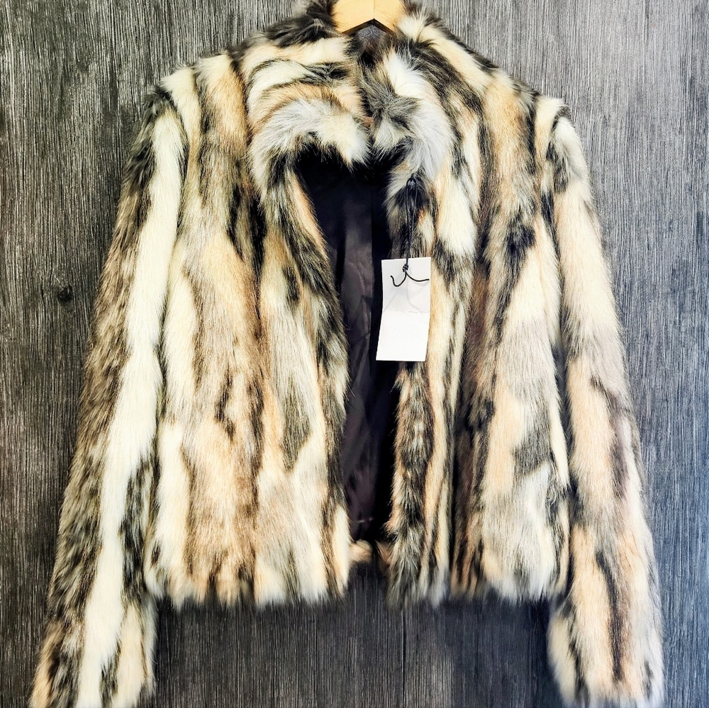 Zara Striped Faux Fur Coat in Black, Tan and Cream